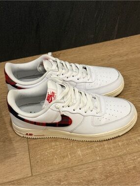 Nike White Sneakers with Red Plaid Swoosh